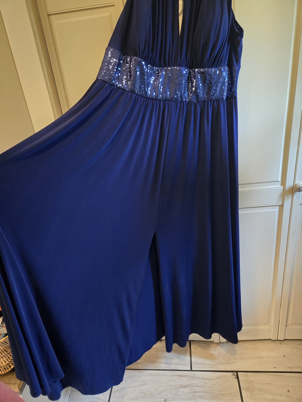R&M Richards Navy Blue Sequin-Waist Slit Gown